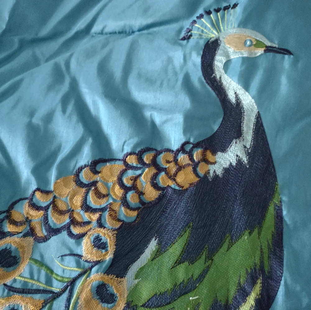 Embroidered peacock comforter set 4 items set faux silk